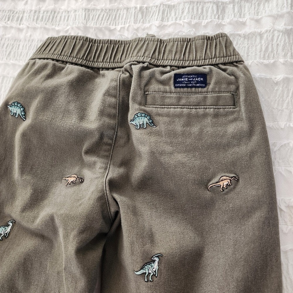 Janie and Jack Dinosaur Pants Kids Size 6 Olive Green Embroidered Chino Playwear - Picture 10 of 12